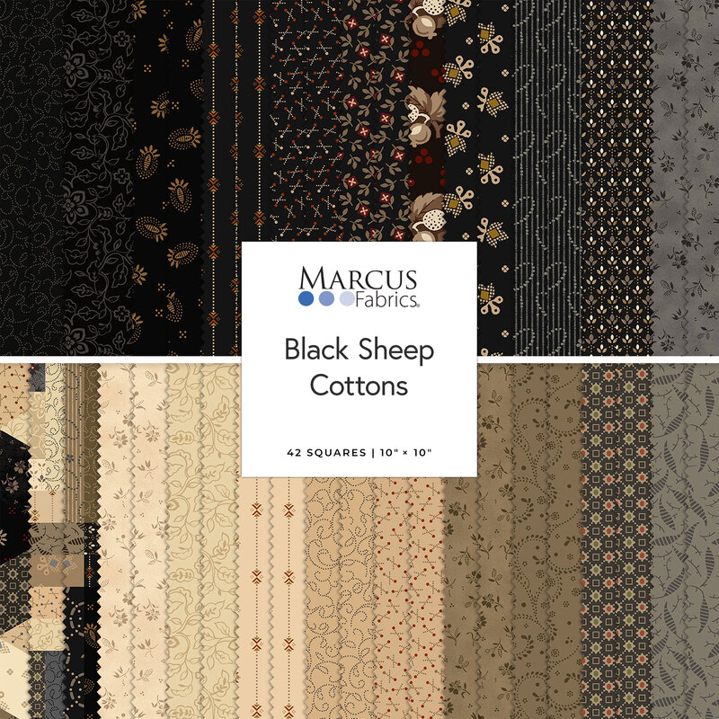Collage of fabrics in the collection in neutrals, black, gray, tan, and cream, featuring primitive patterns