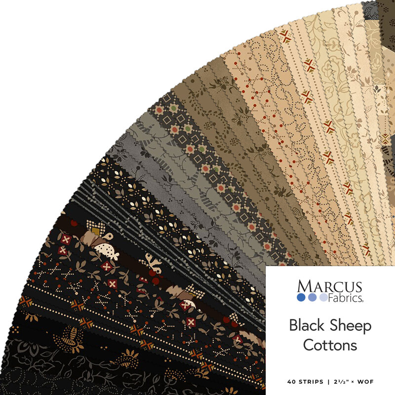 Fanned out collage of fabrics in the collection in neutrals, black, gray, tan, and cream, featuring primitive patterns