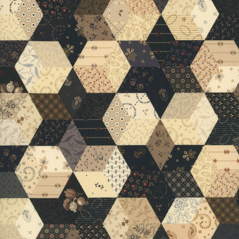 Fabric with a pattern resembling hexagonal quilt pattern in neutral tones
