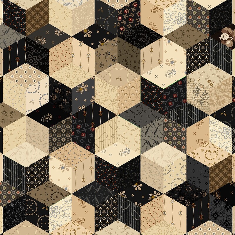 Fabric with a pattern resembling hexagonal quilt pattern in neutral tones