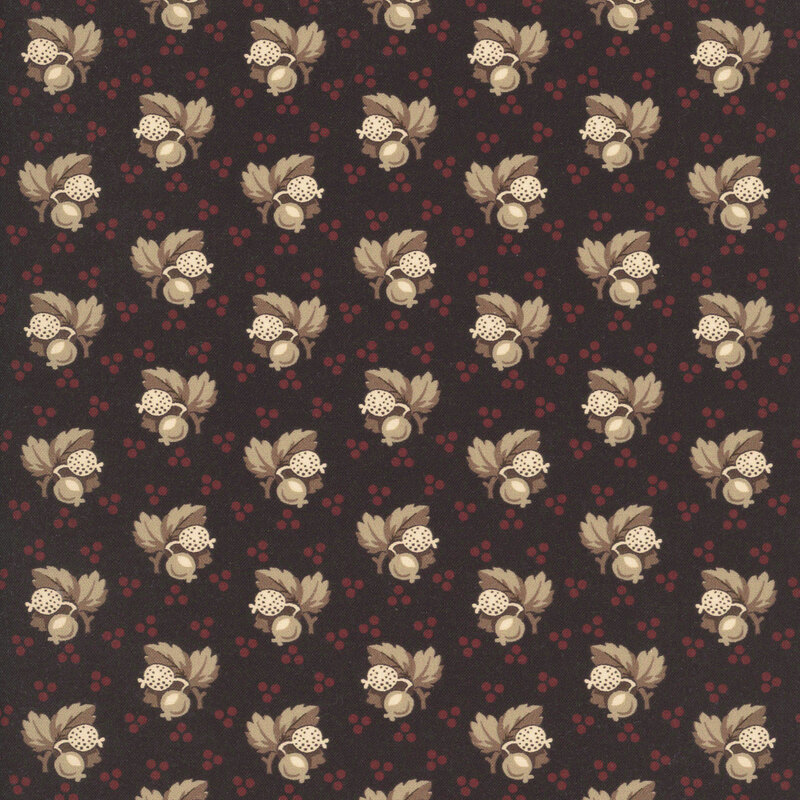 Black fabric with brick red dots, and a taupe colored stylized berry design