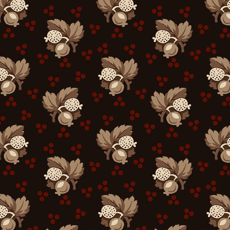 Black fabric with brick red dots, and a taupe colored stylized berry design