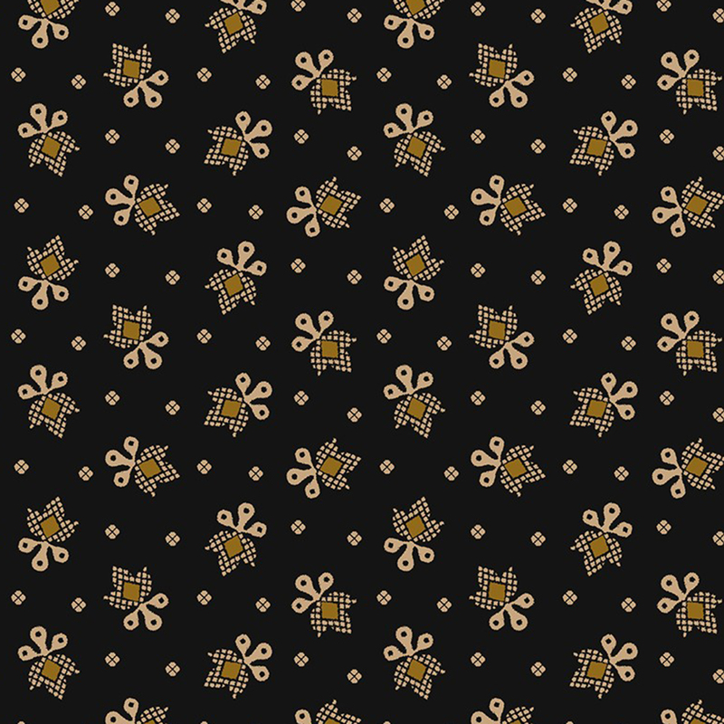 Black fabric with a ditsy primitive floral motif and diamonds in gold