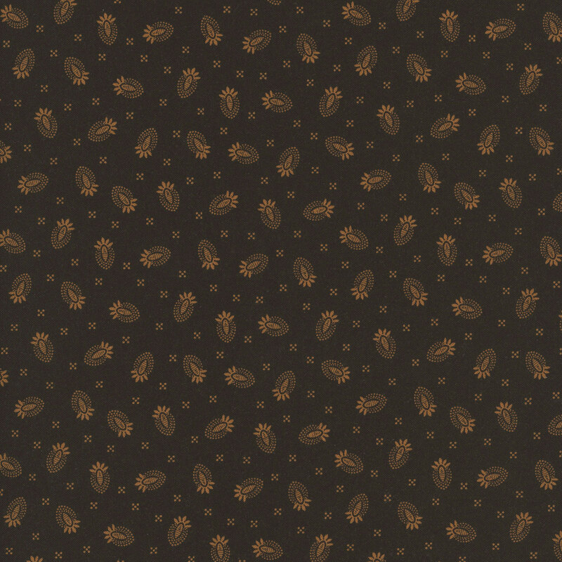 Black fabric with brass colored tossed thistle pattern