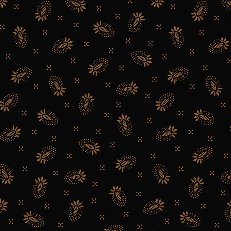 Black fabric with brass colored tossed thistle pattern