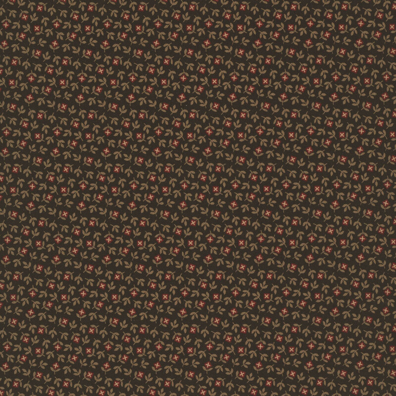 Black fabric with a primitive pattern featuring red florals and light brown stems