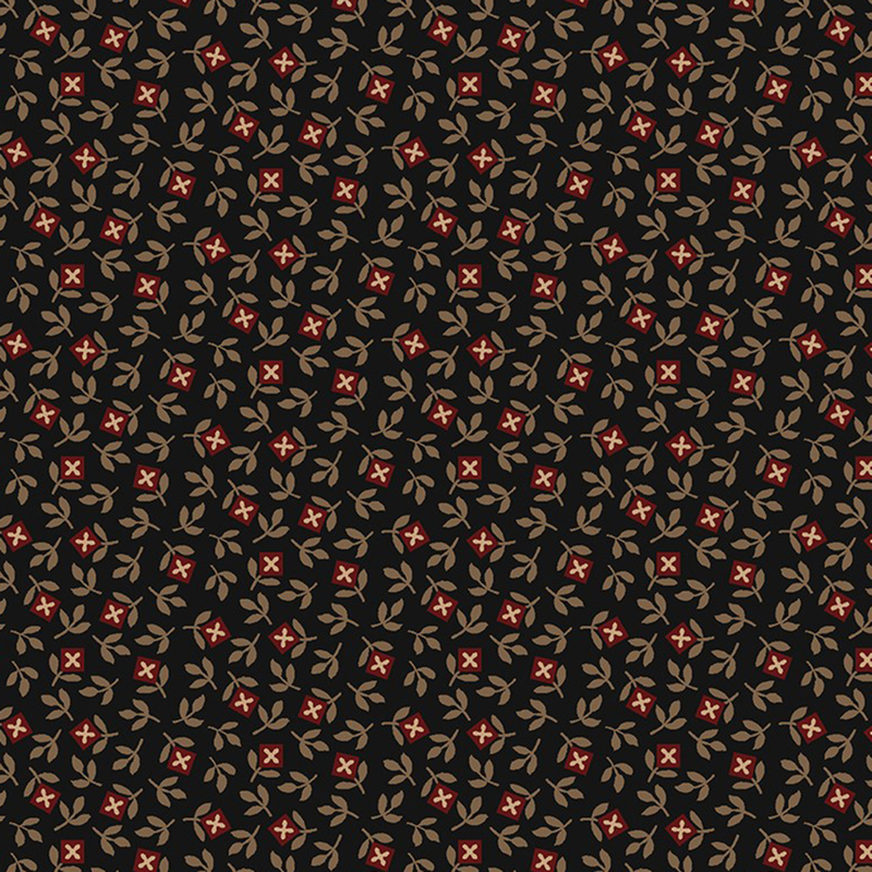 Black fabric with a primitive pattern featuring red florals and light brown stems