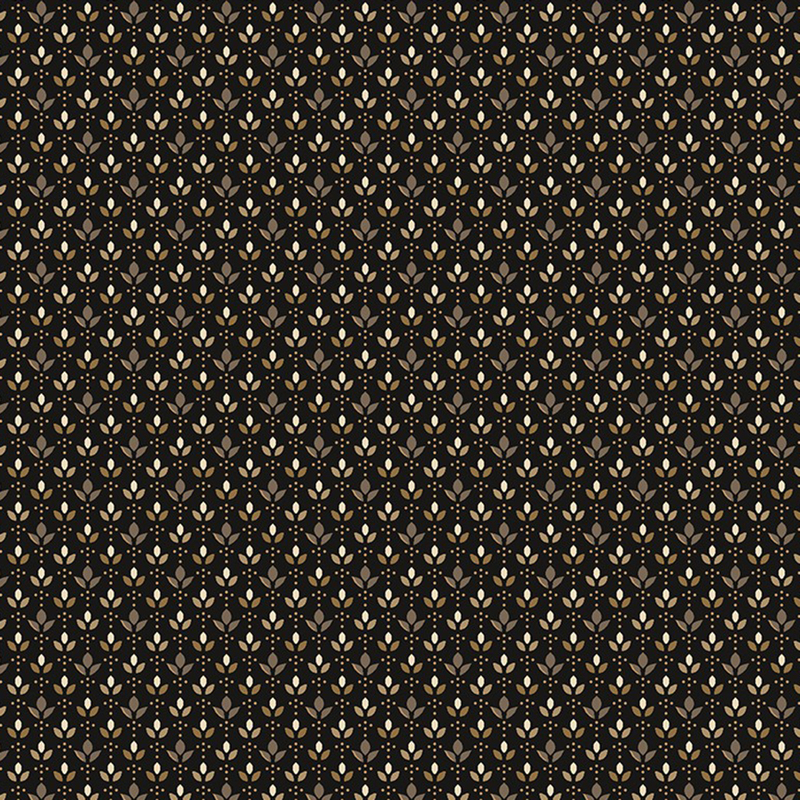 Black fabric with cream dots and neutral toned leaves