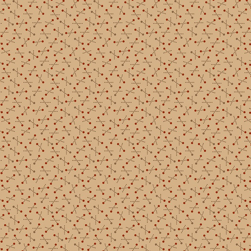 Beige fabric with red and brown dots in geometric primitive designs