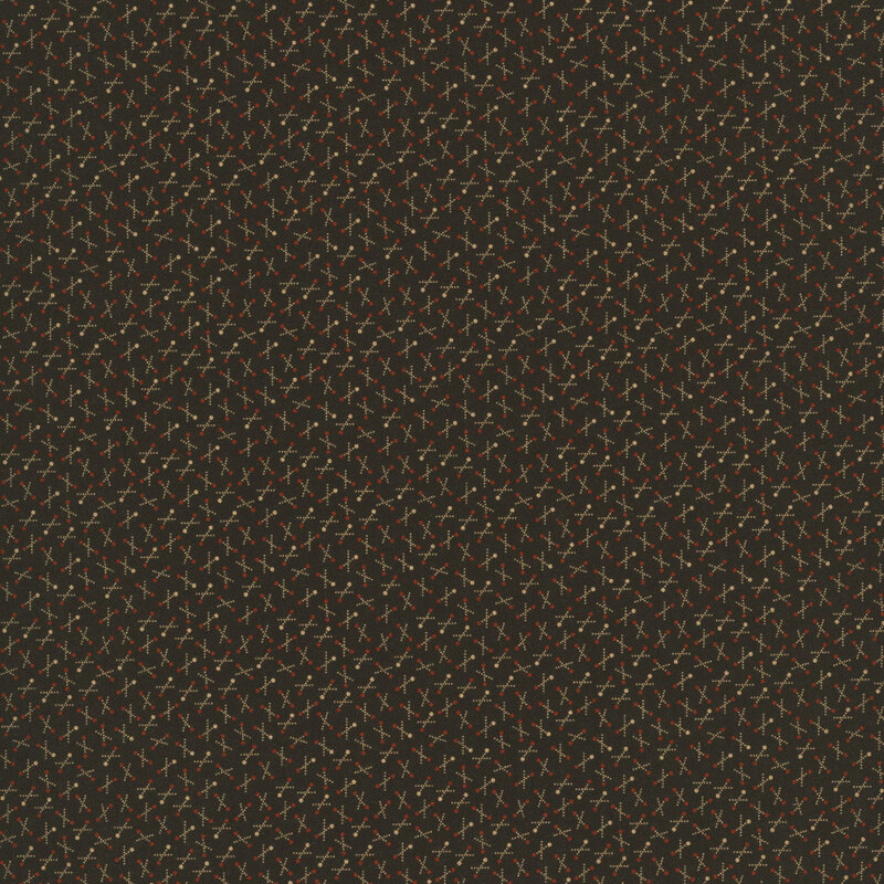 Black fabric with red and brown dots in geometric primitive designs