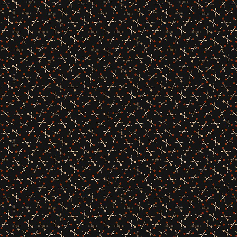 Black fabric with red and brown dots in geometric primitive designs