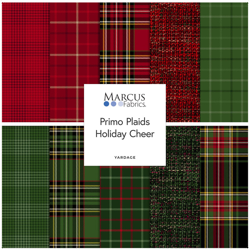 Collage of red and green plaid fabric patterns labeled Primo Plaids Holiday Cheer by Marcus Fabrics.