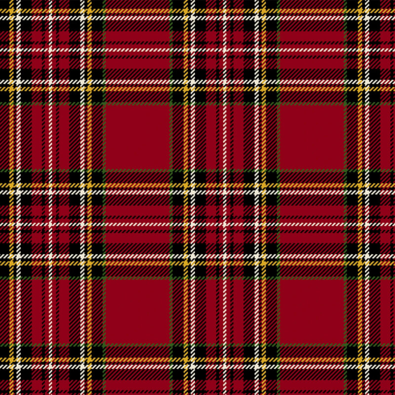 Red fabric with a classic black, white, yellow, and green plaid pattern.