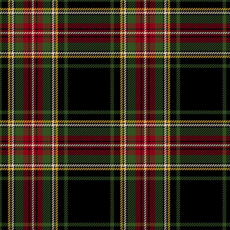Black fabric with a classic red and green plaid pattern.