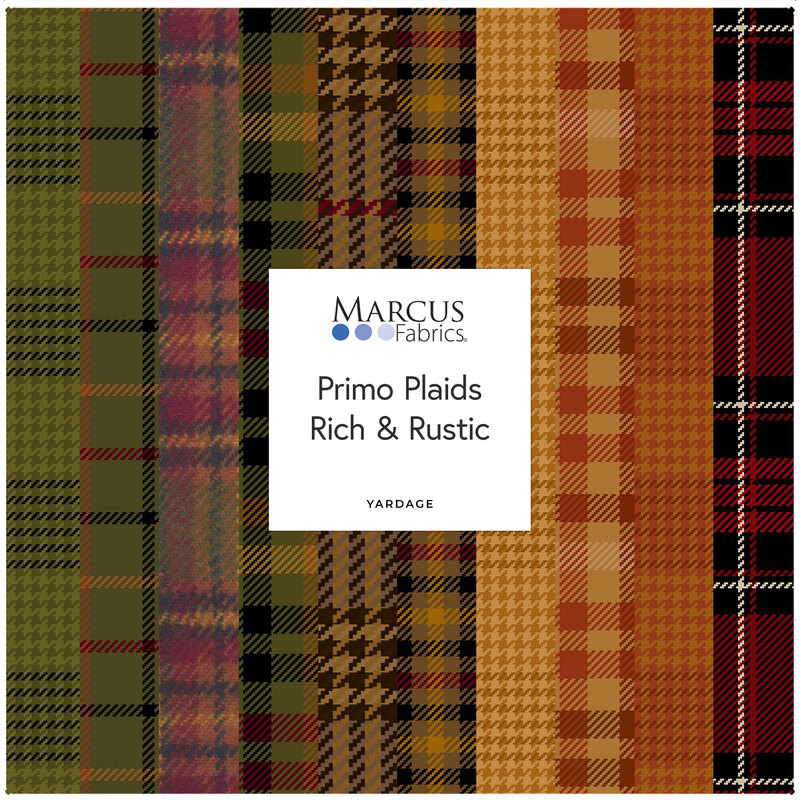 Collage of plaid fabrics in the collection in warm olive, walnut, gold, rust, and red