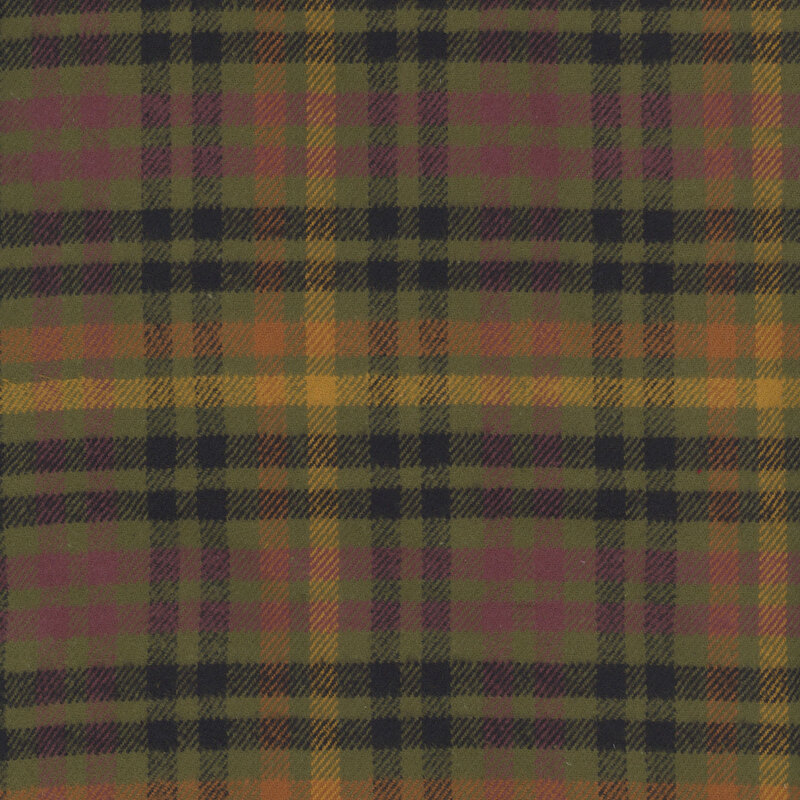 Deep olive green fabric with mustard, orange, rust red, and black check plaid