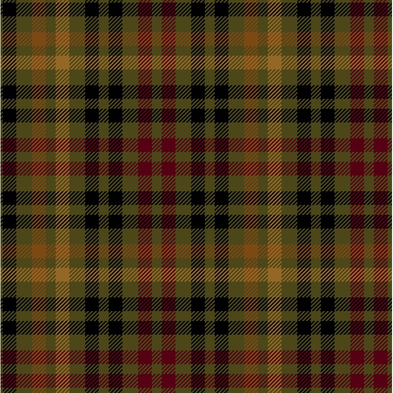 Deep olive green fabric with mustard, orange, rust red, and black check plaid