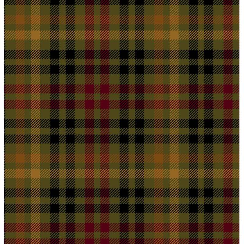 Deep olive green fabric with mustard, orange, rust red, and black check plaid