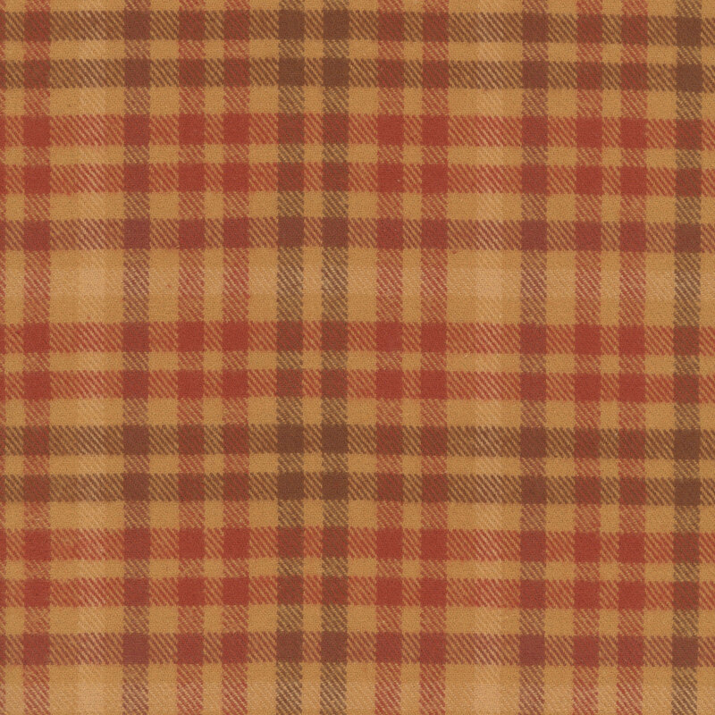 Orange gold fabric with brown, cream, and rust red check plaid