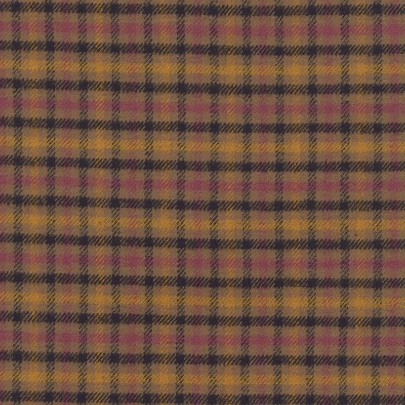 Walnut brown fabric with small black, mustard, and rust red checked plaid
