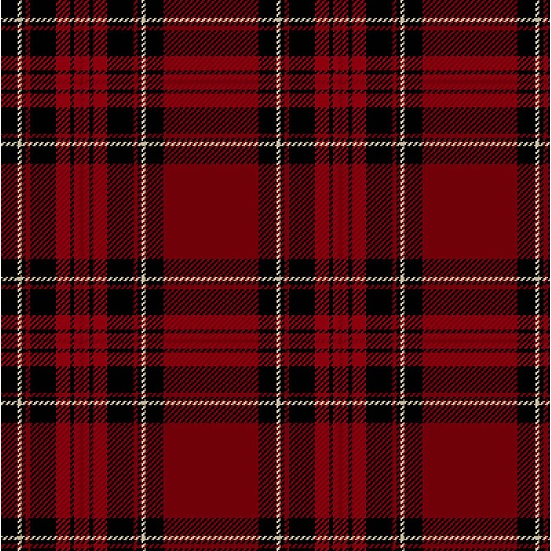 Deep crimson fabric with black and cream tartan plaid