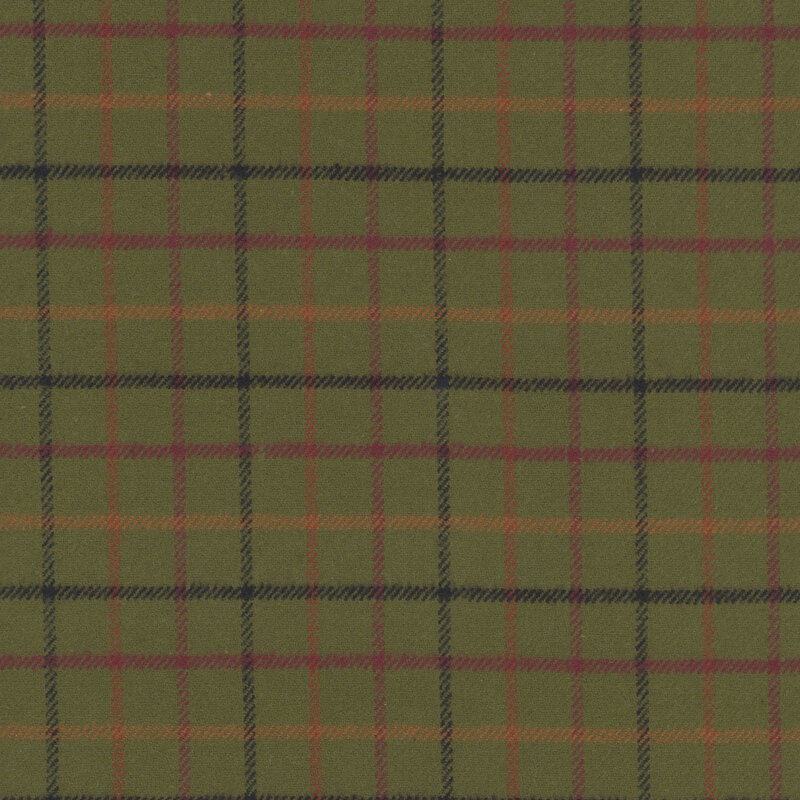 Olive green tattersall check plaid with mustard, orange, rust red, and black