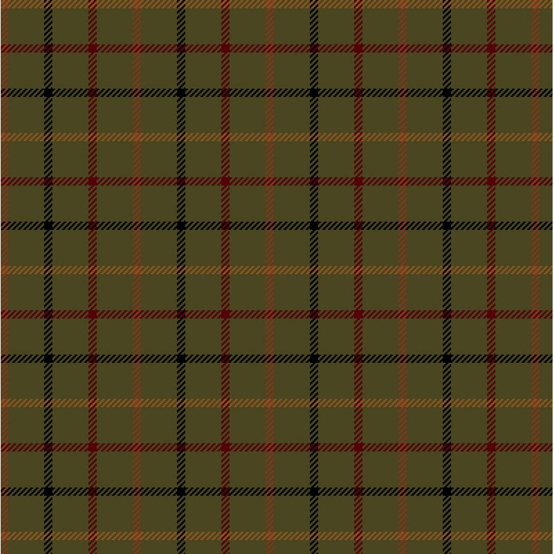 Olive green tattersall check plaid with mustard, orange, rust red, and black