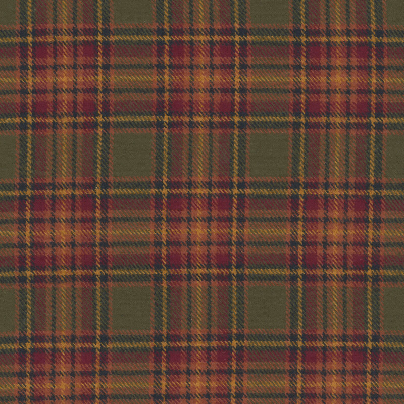 Muted olive green, rust red, charcoal, and yellow tartan plaid pattern