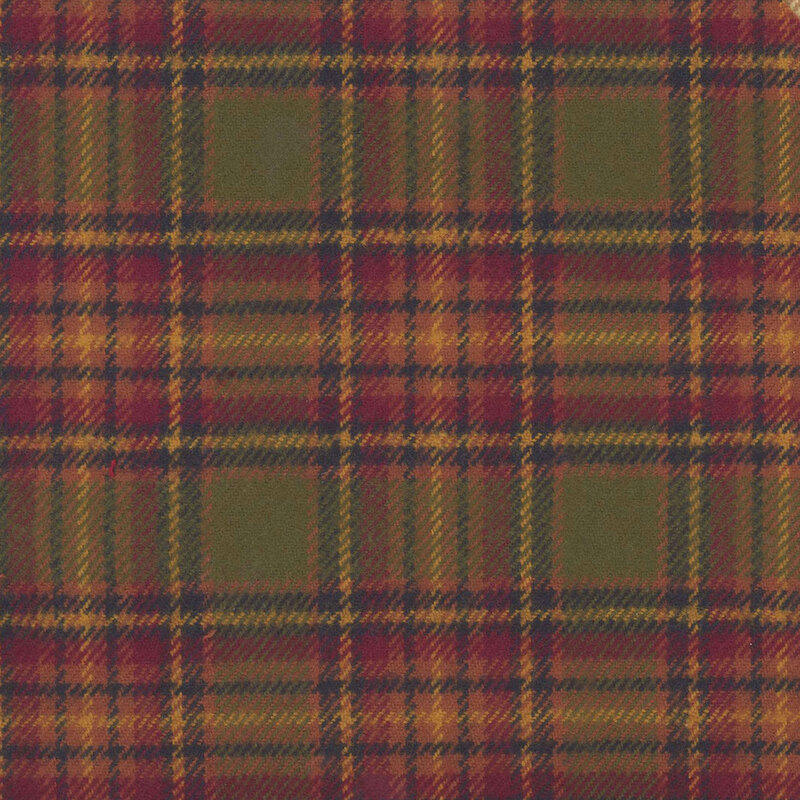 Muted olive green, rust red, charcoal, and yellow tartan plaid pattern