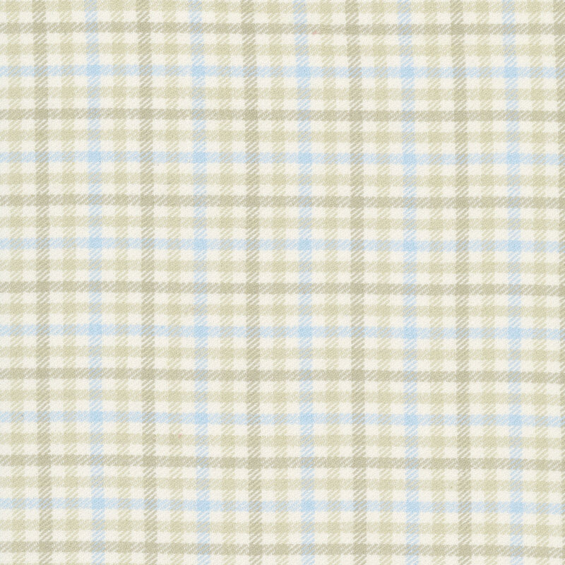 tan fabric with small taupe gray, blue, and tan checked plaid