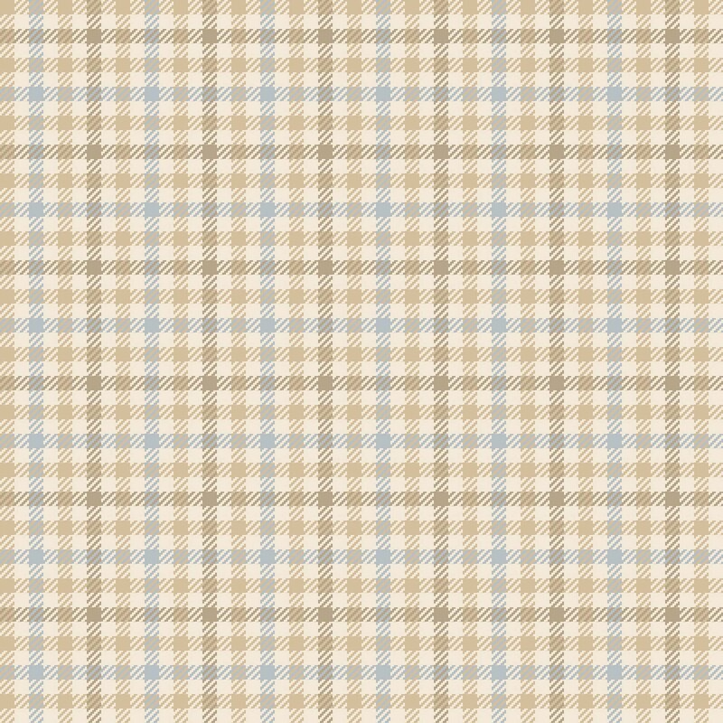 Cream fabric with small taupe gray, blue, and tan checked plaid