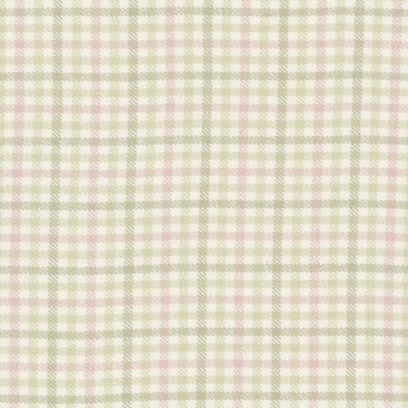 Cream fabric with small taupe gray, pink, and tan checked plaid