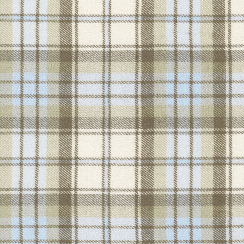 Cream fabric with blue, taupe, and gray tartan plaid