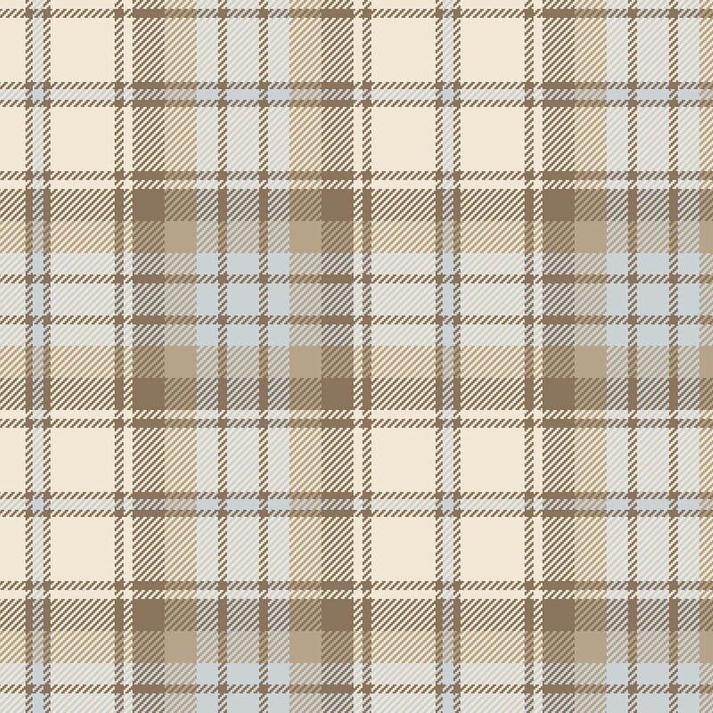Cream fabric with pastel blue, taupe, and gray tartan plaid