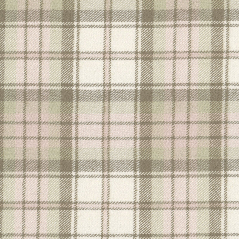 Cream fabric with pink, taupe, and muted brown tartan plaid