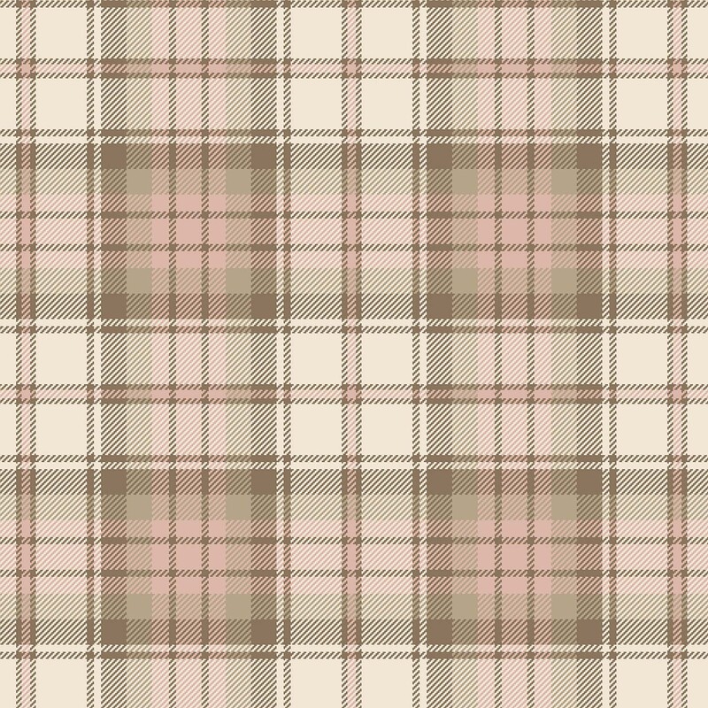 Cream fabric with pastel pink, taupe, and muted brown tartan plaid