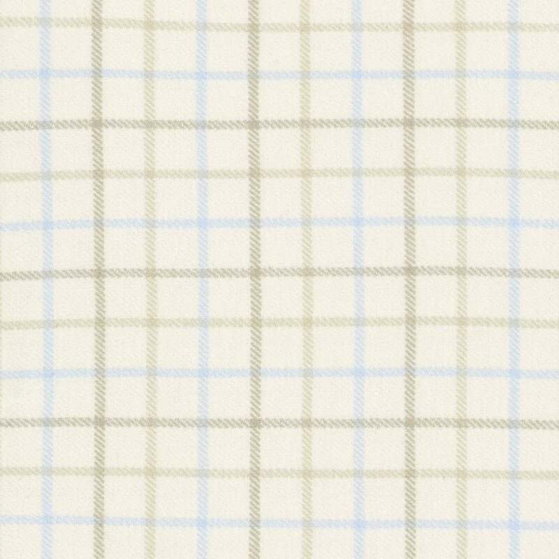 Cream flannel with tattersall check plaid in muted brown, taupe, and baby blue