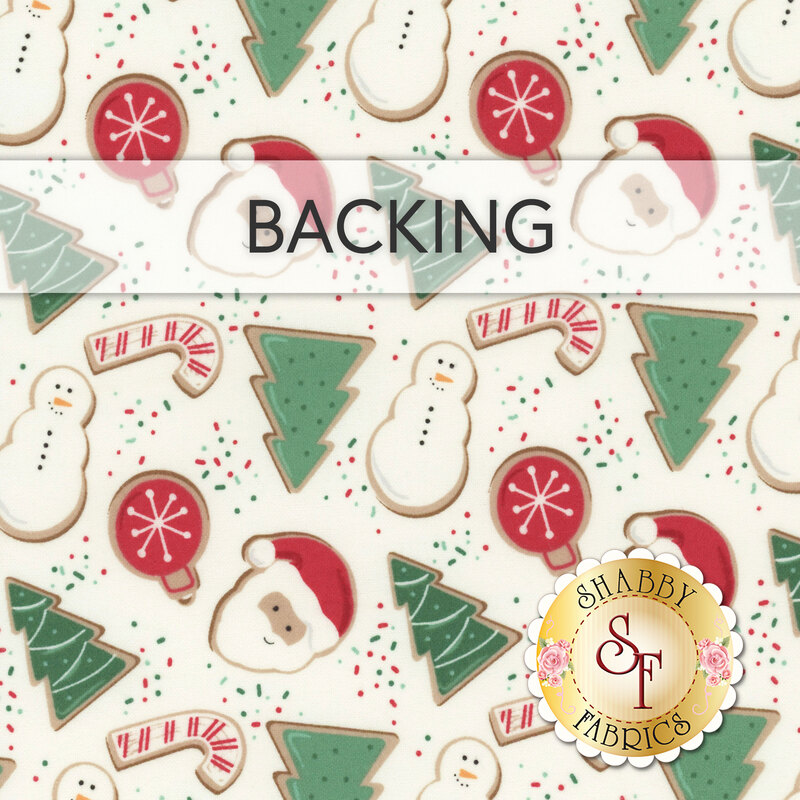 A swatch of cream fabric with tossed cookies in the shapes of santa, christmas trees, snowmen, and candy canes. A banner at the top reads "Backing" and a golden Shabby Fabrics logo sits in the bottom right corner.
