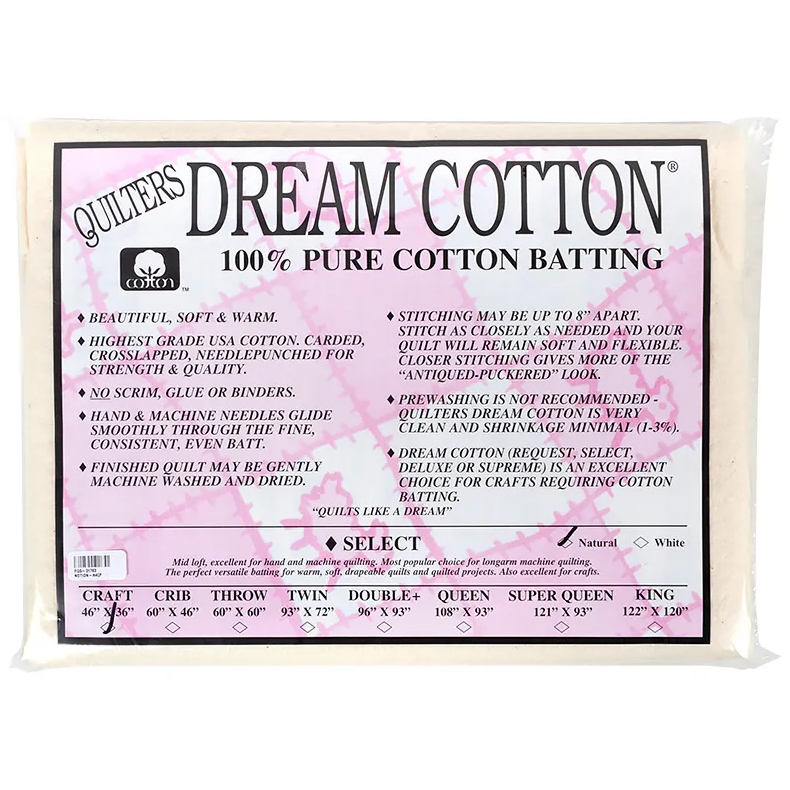 Package of Quilter's Dream Cotton batting, 100% pure cotton, featuring stitching and size details.