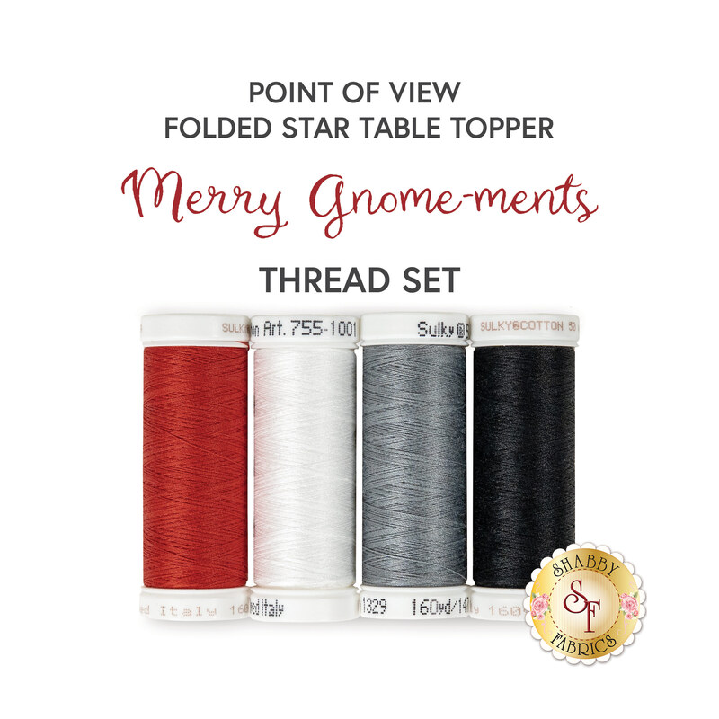 Four spools of thread in red, white, gray, and back isolated on a white background below a text graphic.