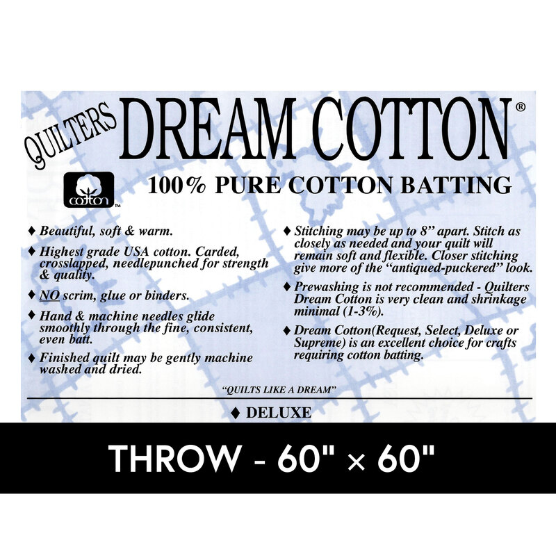 Cover sheet for Quilter's Dream Cotton Batting, detailing composition, sizes, and usage instructions.