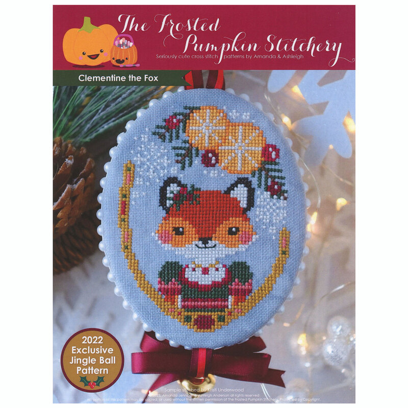 The front of the Clementine the Fox ornament cross stitch pattern from The Frosted Pumpkin Stitchery showing the finished product.