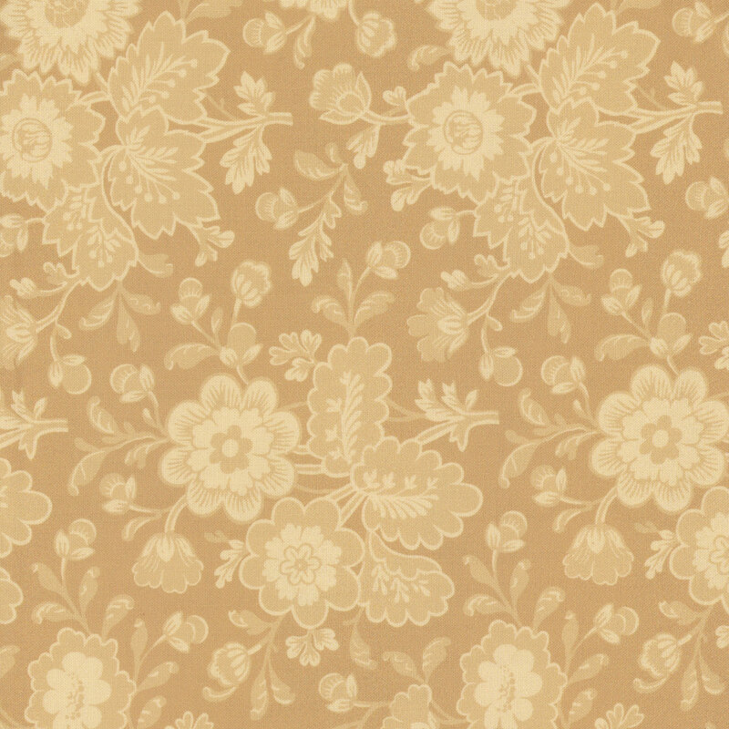 Tan fabric with dense, tonal florals