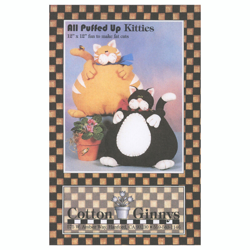 The front of the All Puffed Up Kitties pattern featuring an orange stripped kitty and a tuxedo kitty.