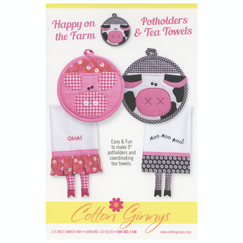 The front of the Happy on the Farm Potholders & Tea Towels pattern displaying the finished products on a white background.