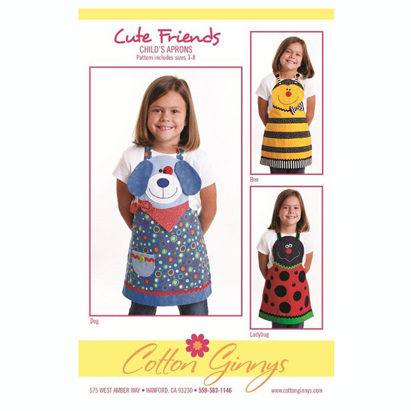 The front of the Cute Friends Child's Apron pattern displaying the kids wearing the finished aprons on a white background.