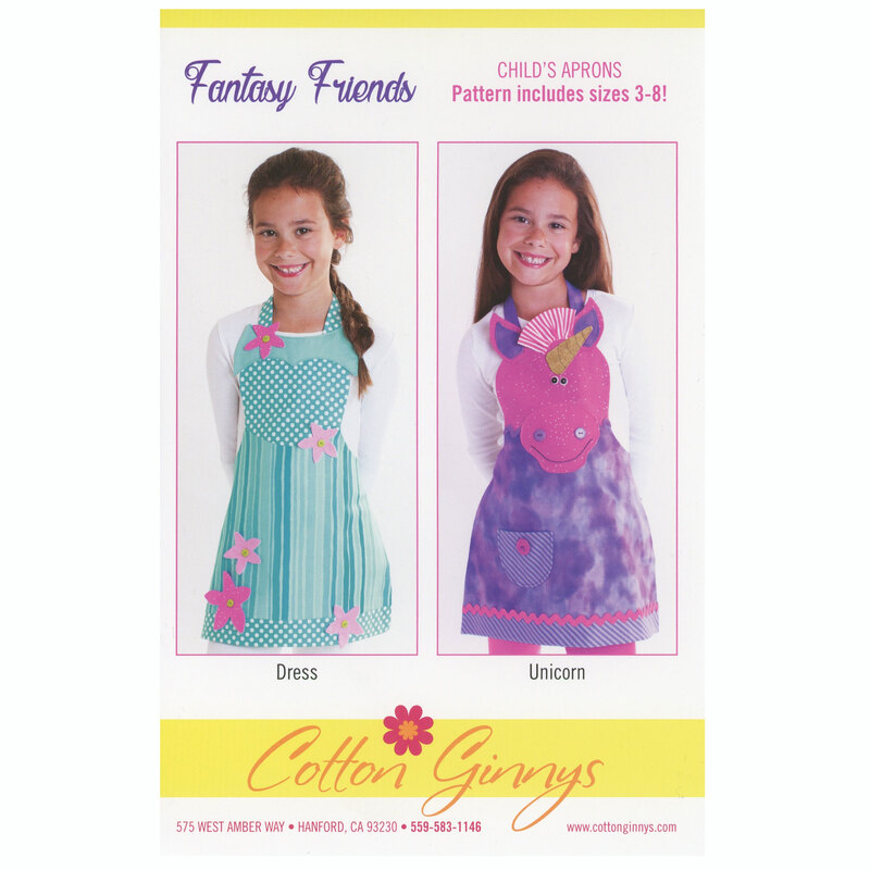 The front of the Fantasy Friends Child's Apron pattern displaying the kids wearing the finished aprons on a white background.