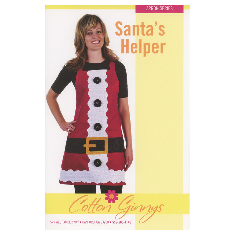 The front of the Santa's Helper Apron pattern displaying a woman wearing the finished apron on a white background.