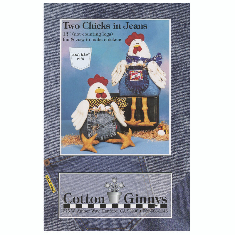 The front of the Two Chicks in Jeans pattern featuring two roosters, with jean pockets filled with eggs, on a background of denim jeans.