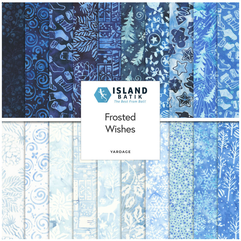 Collage of fabric in the collection in deep blue, sky blue, ice blue, and white, with wintery motifs